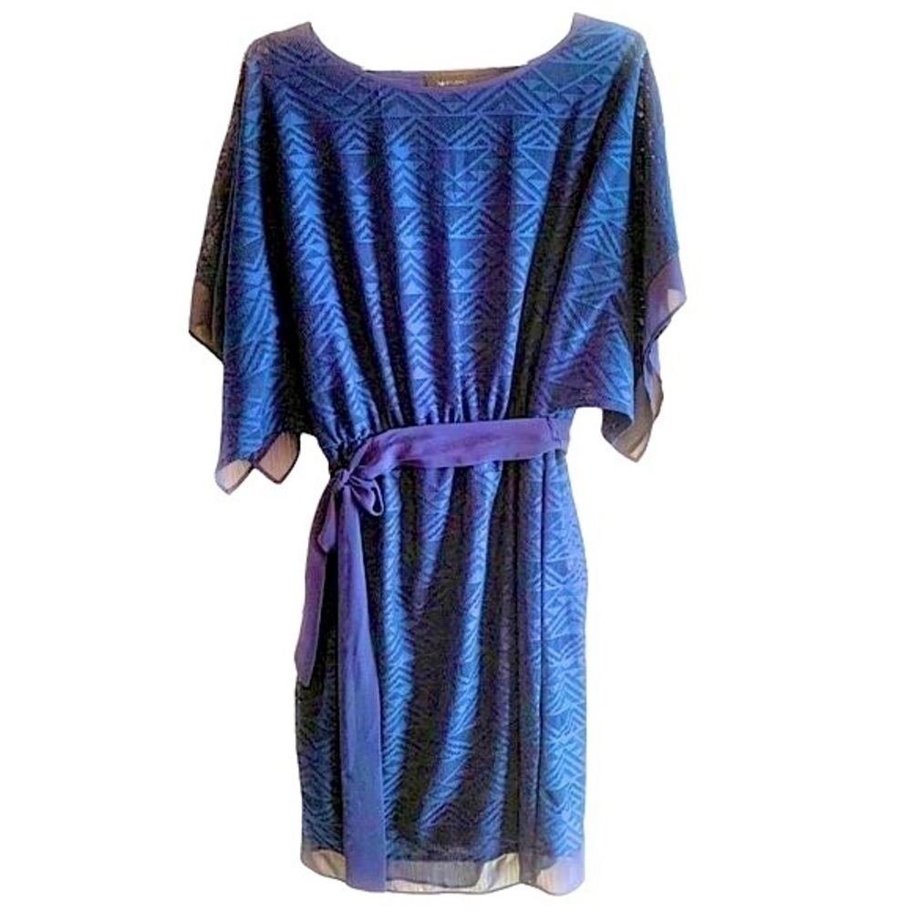 Ab Studio Belted Lace Pattern Dress, Navy Blue size Medium